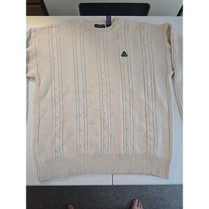 Izod Men's Size L Ivory Cable Knit Tennis Sweater Logo Long Sleeve 100% Cotton